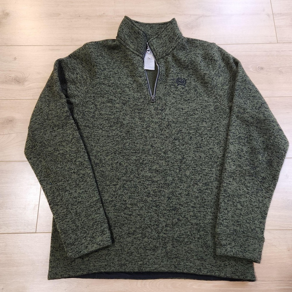 Cinch Sweater Mens Small Green 1/4 Zip Mock Neck Knit Pullover Western Logo